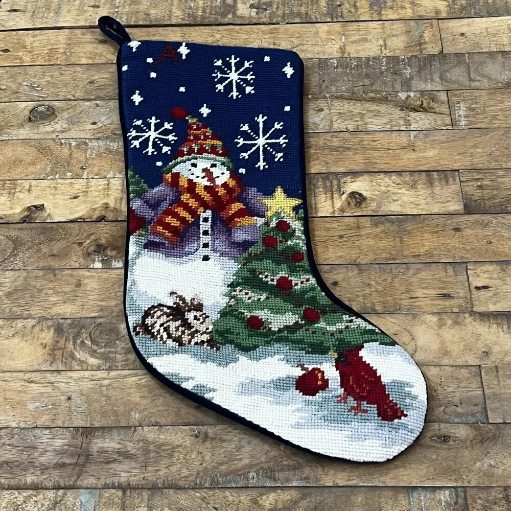 Needlepoint Stocking Velvet Backed Wool Frosty's Winter Wonderland A